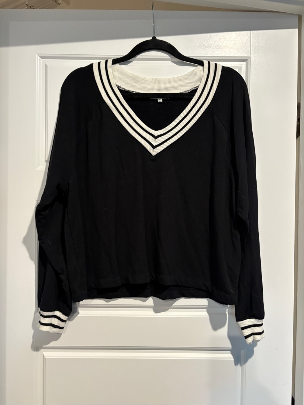 Z Supply Black V-Neck Pullover with White Stripe Trim